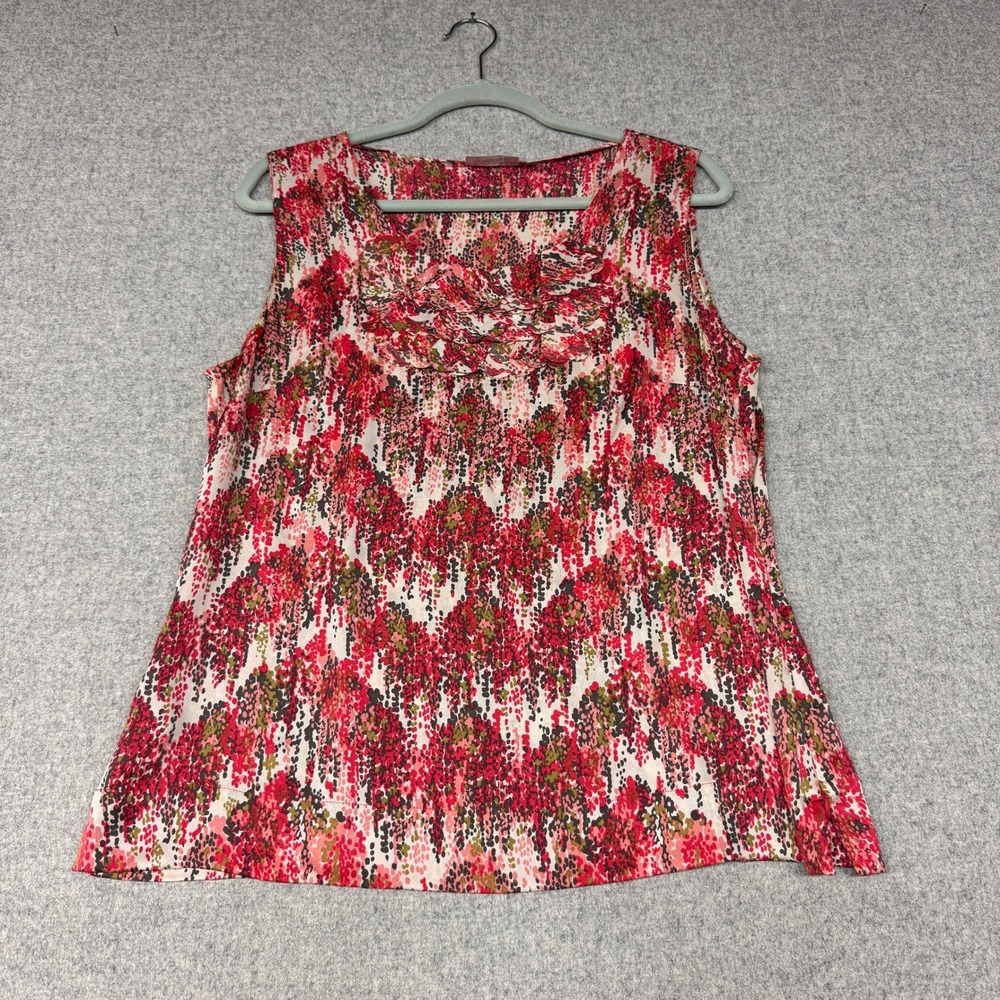 Halogen Silk Ruffle Blouse Size Large Pink Red Abstract Print Sleeveless Top L